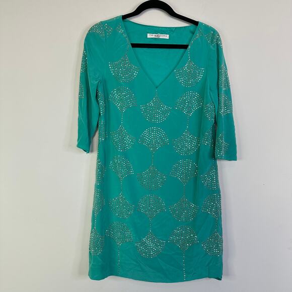 Trina Turk 181006 Womens Glitterati Studded Silk Shift Dress Teal Size 2 - Picture 2 of 11